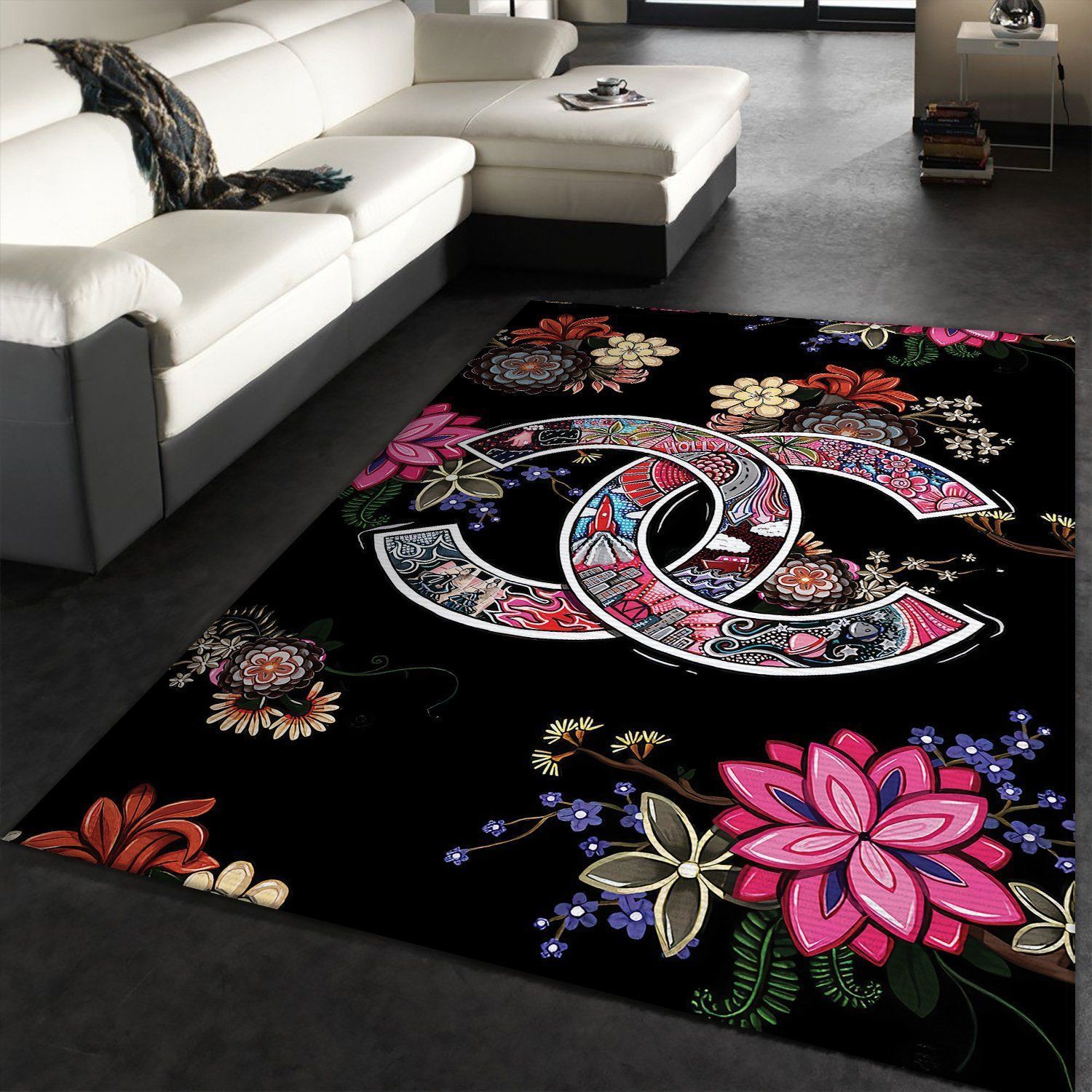 Chanel flowers art logo type 569. Upgrade Your Living Room with Luxury Home Decor: Area Carpets, Floor Decor, Door Mats, and Hot Gift Items with style a High-End Fashion Brand Rectangle Rug