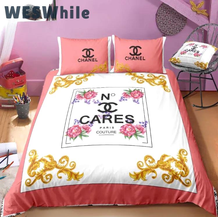 Chanel flowers luxury fashion brand bedding sets bedspread duvet cover set best luxury bed sets gift thankgivings and christmas Bedding Sets