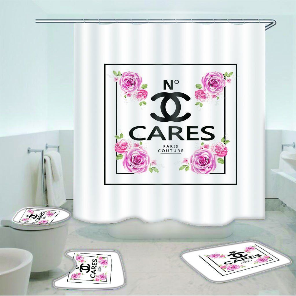 Chanel flowers set shower curtain luxury bathroom mat set luxury hot 2023 26 Bathroom Accessory Sets