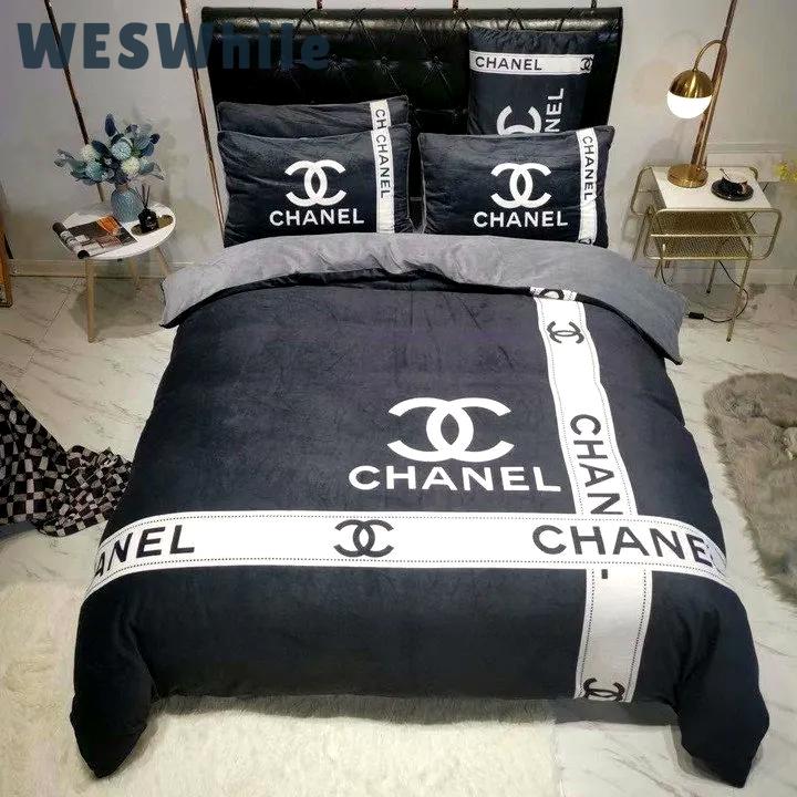 Chanel grey luxury brand high-end bedding sets, bedroom decor , thanksgiving decorations for home best luxury bed sets gift thankgivings and christmas Bedding Sets
