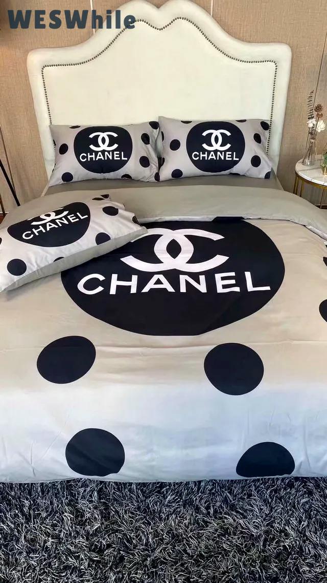 Chanel logo dot printed bedding sets quilt sets duvet cover luxury brand bedding decor bedroom sets best luxury bed sets gift thankgivings and christmas Bedding Sets