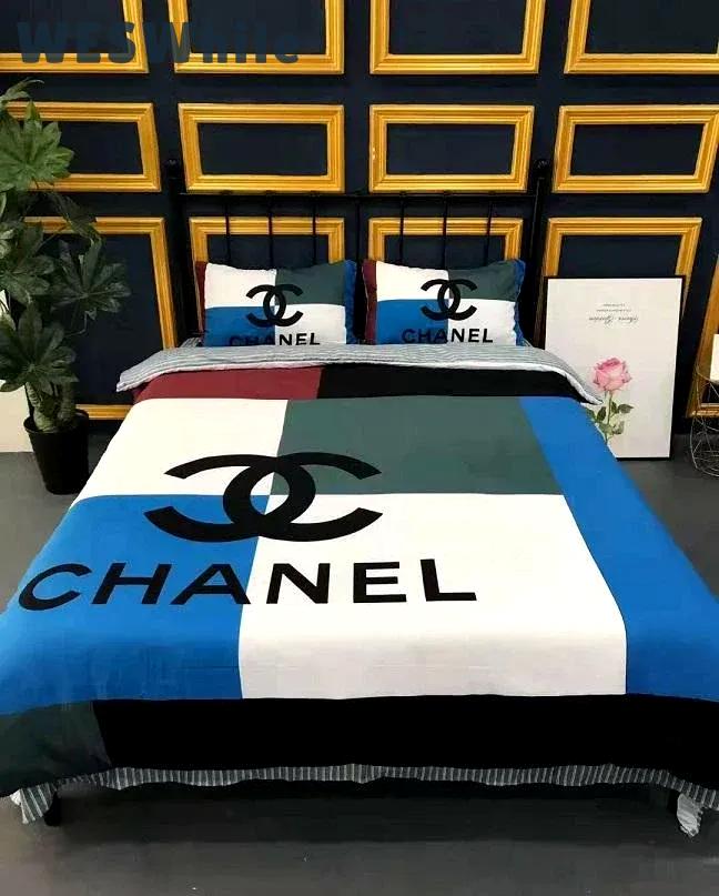Chanel logo new hot luxury brand bedding sets bedspread duvet cover set, bedroom decor , thanksgiving decorations for home best luxury bed sets gift thankgivings and christmas Bedding Sets