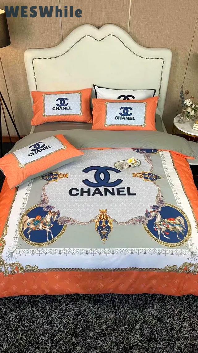 Chanel logo noble printed bedding sets quilt sets duvet cover luxury brand bedding decor bedroom sets best luxury bed sets gift thankgivings and christmas Bedding Sets