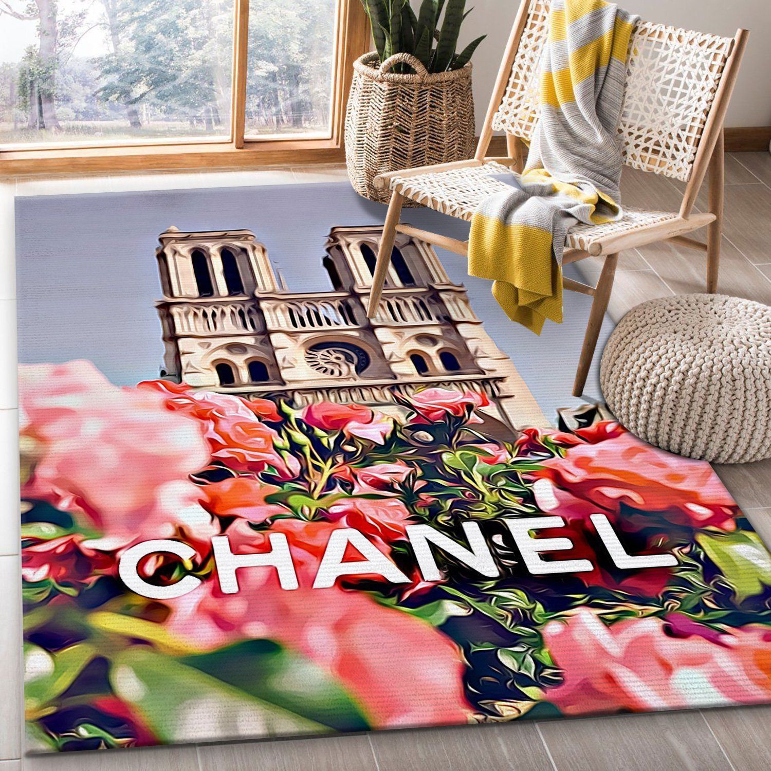 Chanel paris notre dame logo type 28. Upgrade Your Living Room with Luxury Home Decor: Area Carpets, Floor Decor, Door Mats, and Hot Gift Items with style a High-End Fashion Brand Rectangle Rug