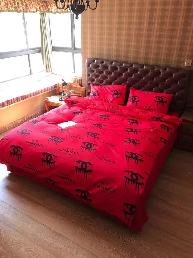 Chanel red dirty logo bedding 3d printed bedding sets quilt sets duvet cover luxury brand bedding decor bedroom sets best luxury bed sets gift thankgivings and christmas Bedding Sets