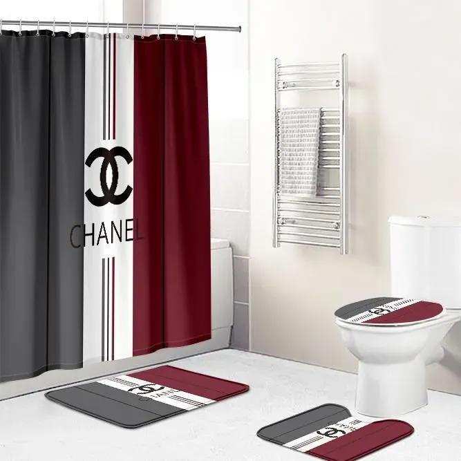 Chanel red grey white fashion logo limited luxury brand bathroom set home decor Bathroom Set