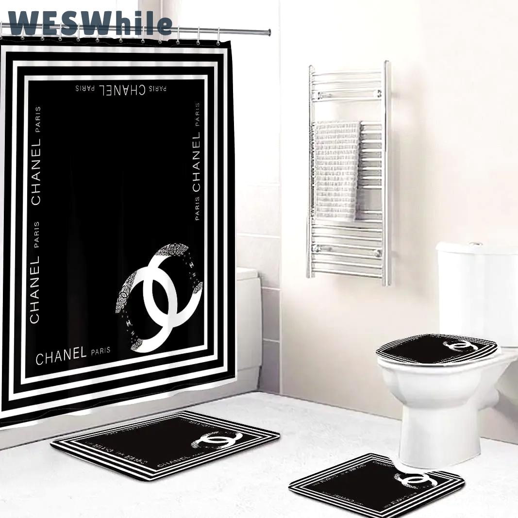 Chanel shower curtain black and white logo stripe luxury bathroom set 22 Bathroom Set