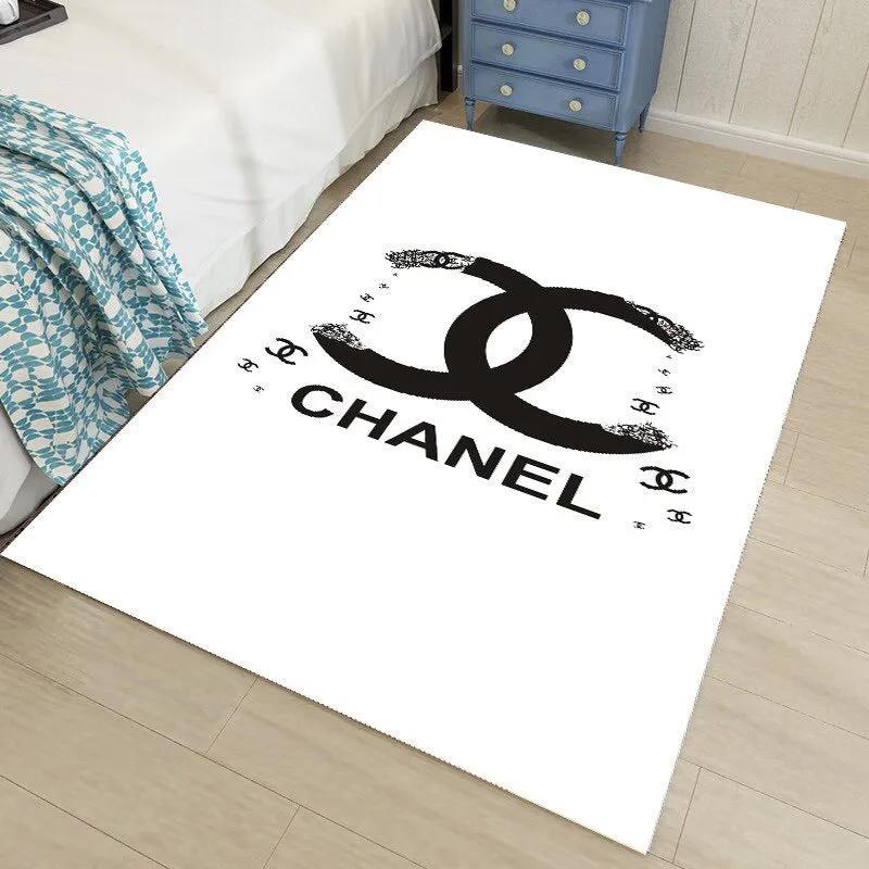 Chanel white logo type 1034. Upgrade Your Living Room with Luxury Home Decor: Area Carpets, Floor Decor, Door Mats, and Hot Gift Items with style a High-End Fashion Brand Rectangle Rug