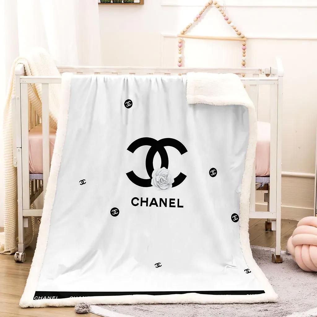 Chanel white roses black logo luxury brand premium blanket fleece home decor 10 Blanket Fleece