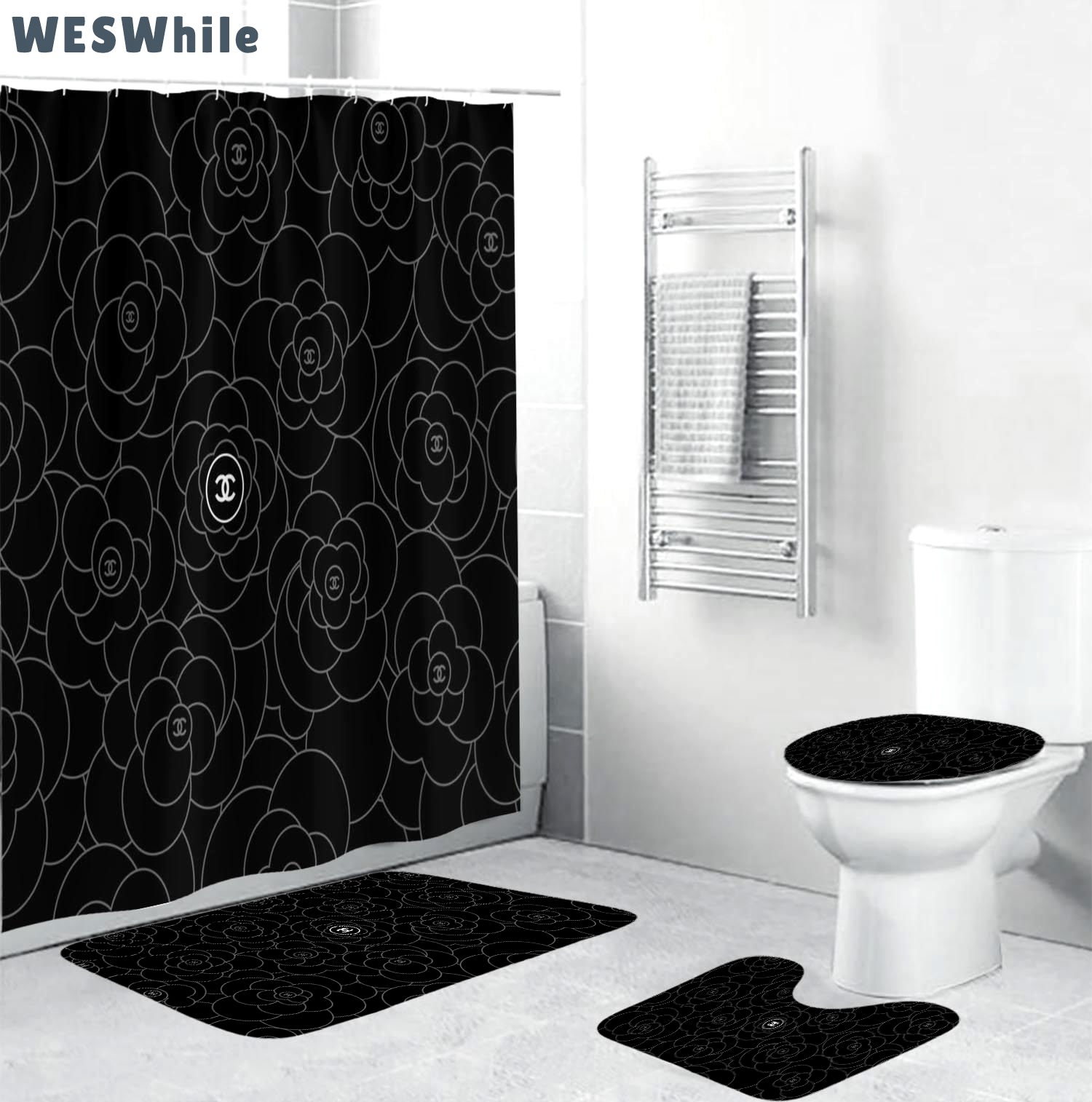 Chanel white signature flower in black background home decor bath mat luxury fashion brand bathroom sets hypebeast Bathroom Set