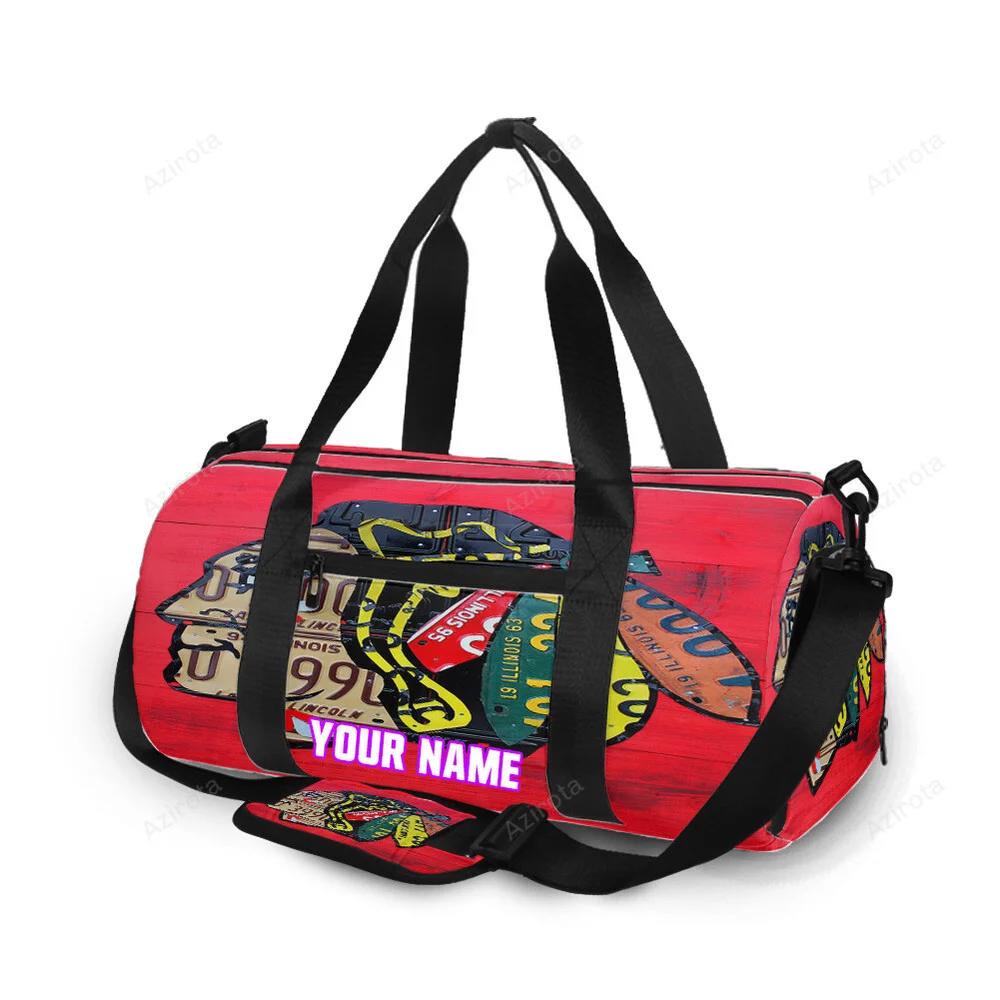 Chicago blackhawks emblem texture quote personalized name travel bag gym bag 26 Travel Bag