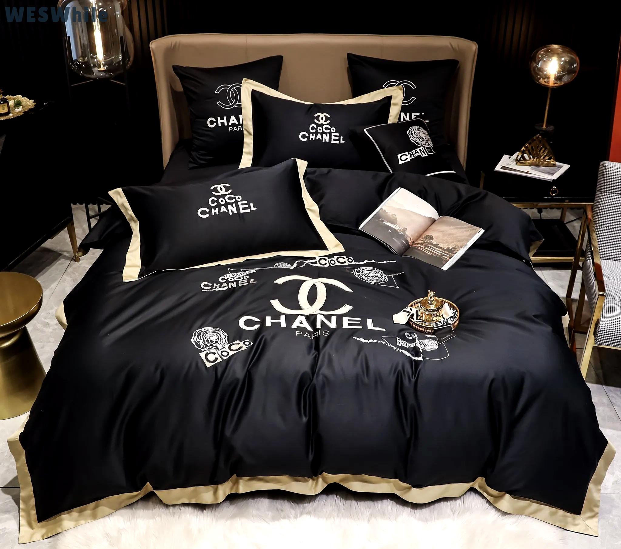 Coco chanel black luxury brand high-end bedding sets, bedroom decor , thanksgiving decorations for home best luxury bed sets gift thankgivings and christmas Bedding Sets