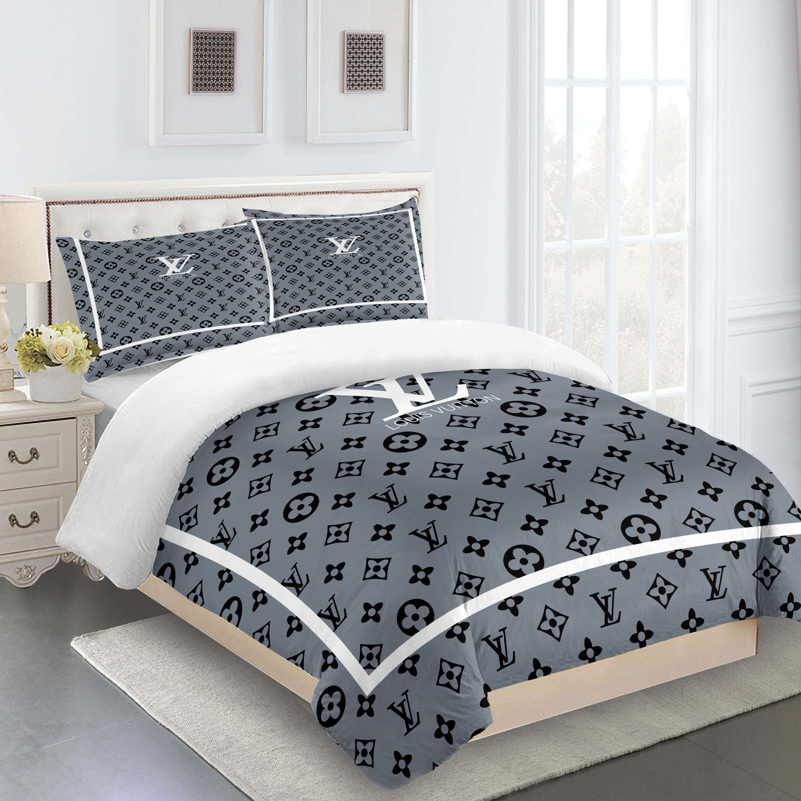 Comforter sets gray white black full louis vuitton bedding set  home decoration Bedding Sets