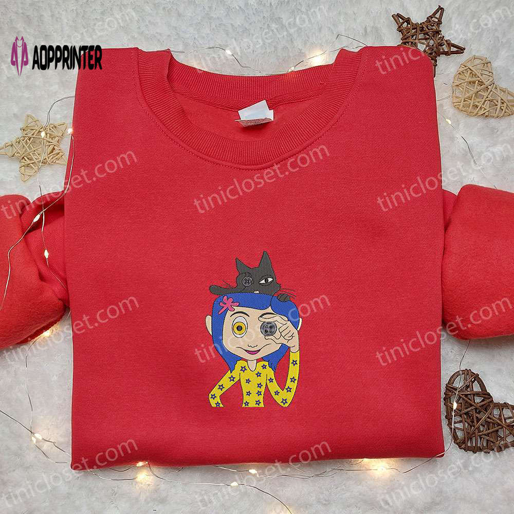 Coraline button eye & cat embroidered sweatshirt: best halloween gift ideas Embroidered Shirt