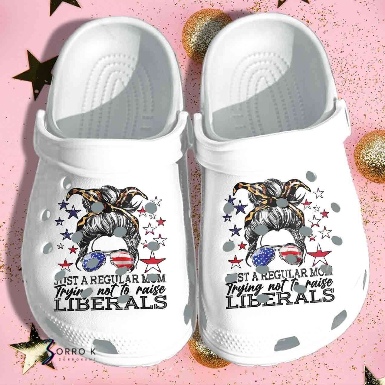 Crocs outfit - leopard woman messy buns just a regular mom usa flag 4th of july crocs crocband clogs - 1353 Crocs Outfit