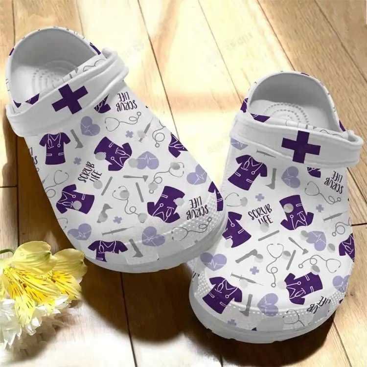 Crocs outfit - nurse scrub life nursing job symbols pattern purple crocs crocband clog shoes - 1566 Crocs Outfit