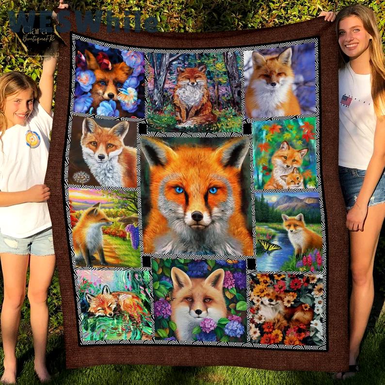 Cute fox animals collage fleece blanket, mink sherpa blanket, fox blanket, fox lover gift, animals lovers gift, wildlife blanket Quilt Blanket