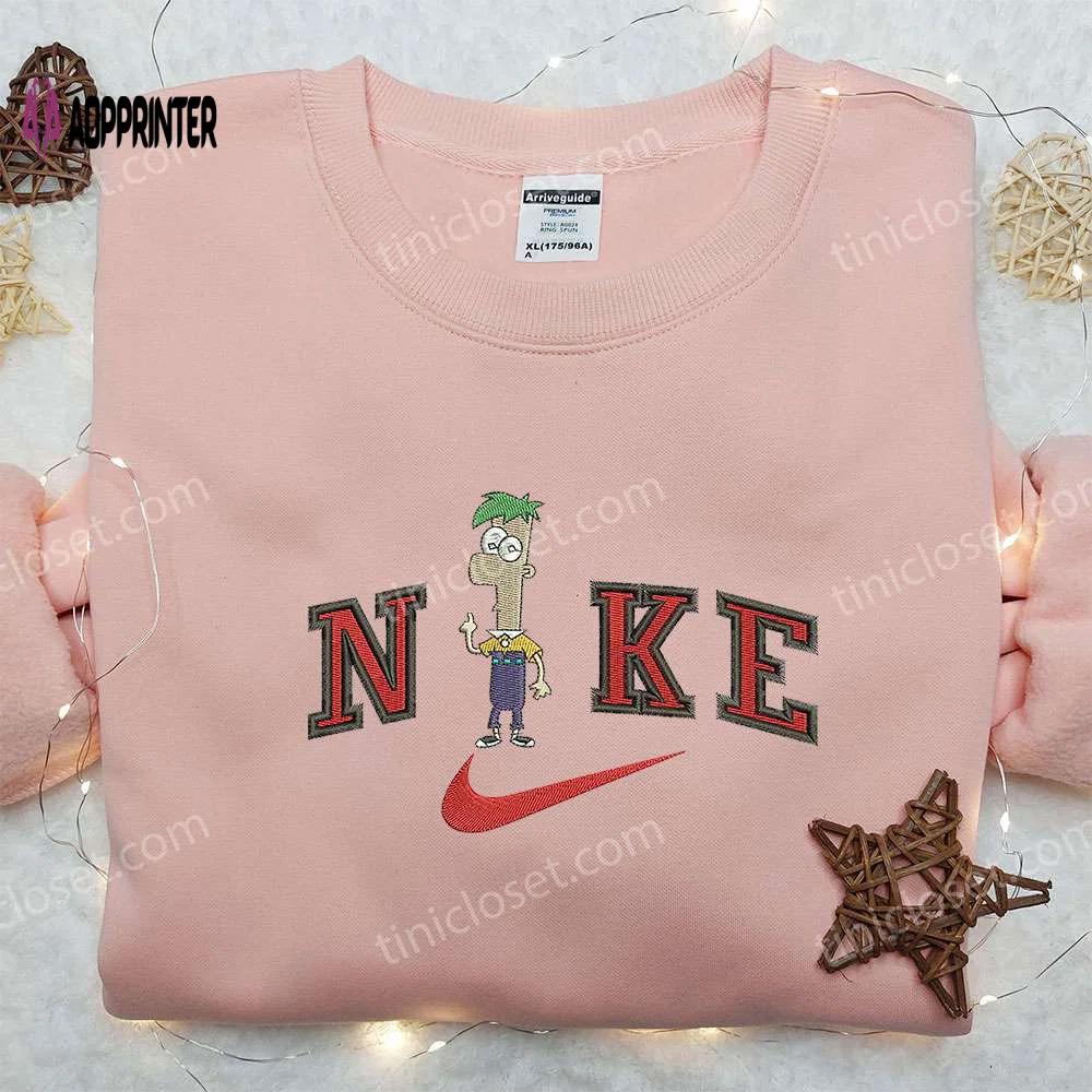 Ferb fletcher x nike embroidered sweatshirt: phineas and ferb cartoon shirt nike inspired design Embroidered Shirt