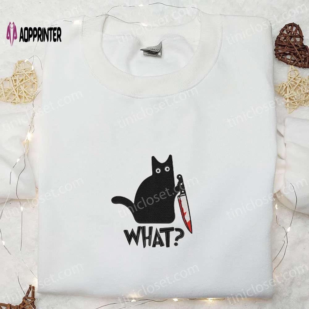 Funny black cat with knife embroidered shirt: best halloween gift Embroidered Shirt