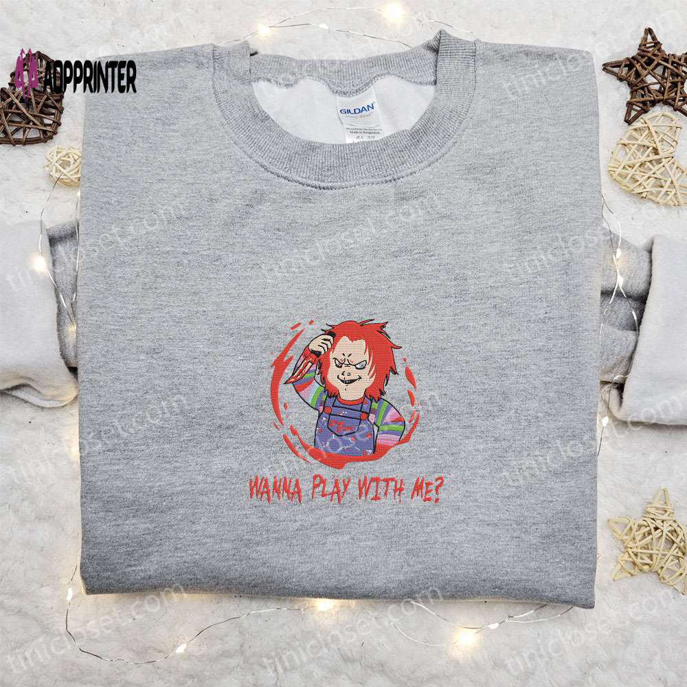 Get spooked with chucky wanna play with me embroidered shirt – horror movie characters & spooky shirts Embroidered Shirt