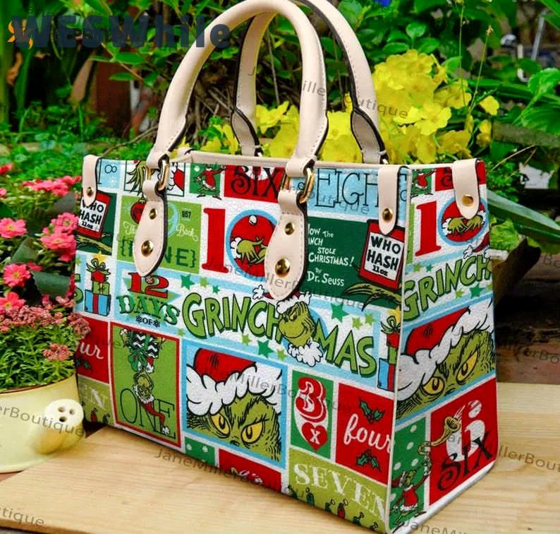 Grinch christmas leather handbag gift for women 741 Women Leather Hand Bag