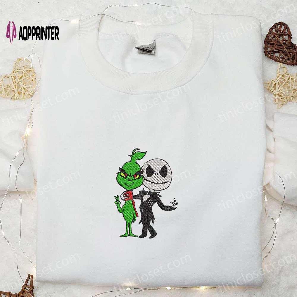 Grinch & jack skellington friends embroidered shirt – funny halloween gift for family Embroidered Shirt