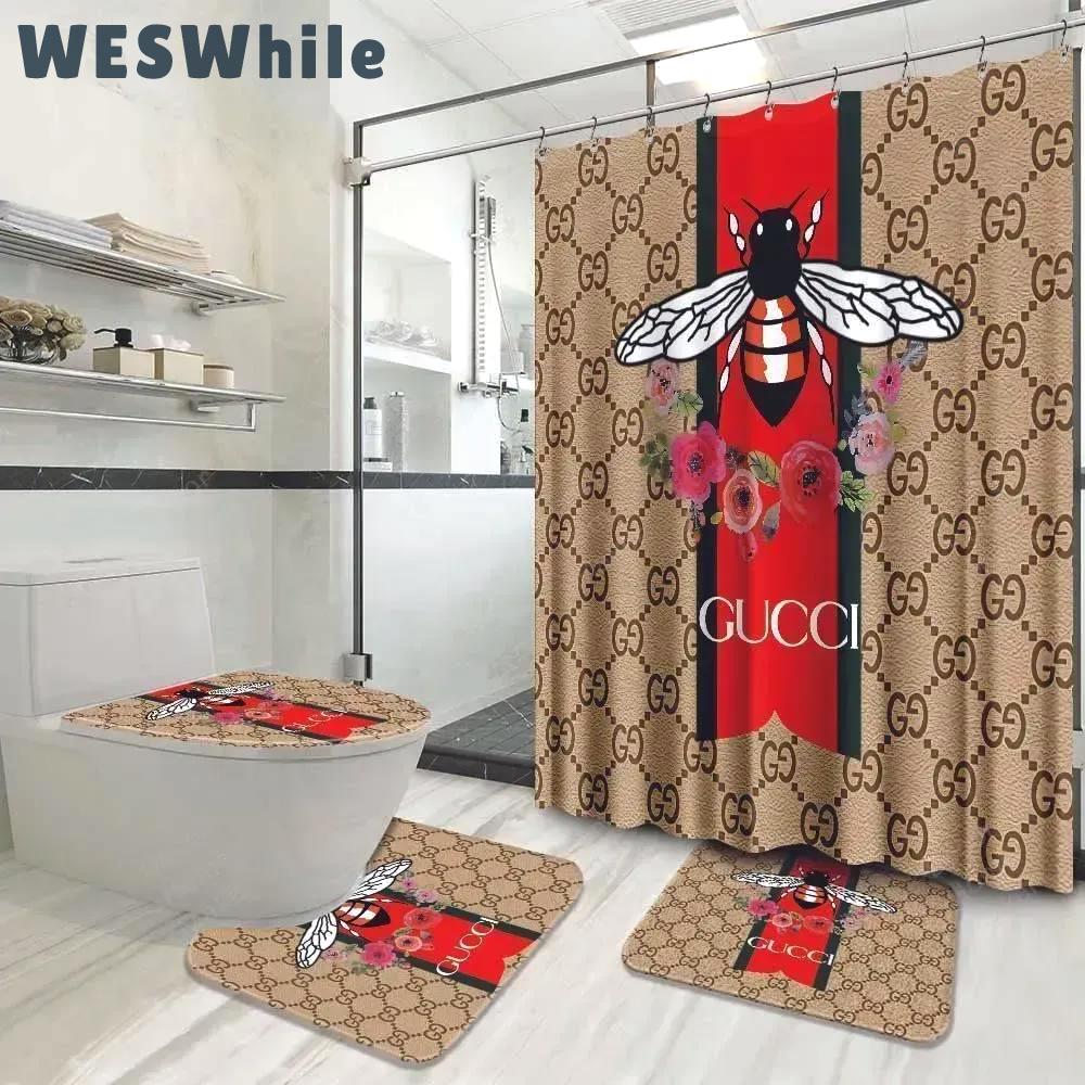 Gucci bee flower bathroom set luxury shower curtain bath rug mat home decor Bathroom Set