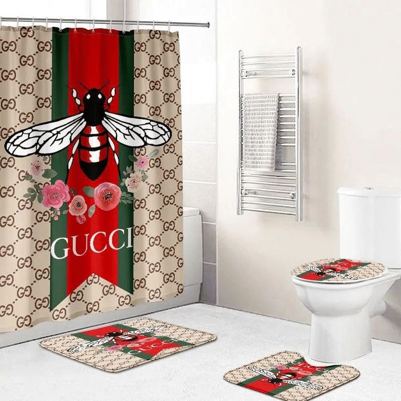 Gucci bee flower logo type 1681 Bathroom Accessory Sets Luxury Fashion Brand Pedestal Rug Hypebeast Bathroom Bath Mat Set Waterproof Shower Curtain Bathroom Sets Toilet Cover Home Decor