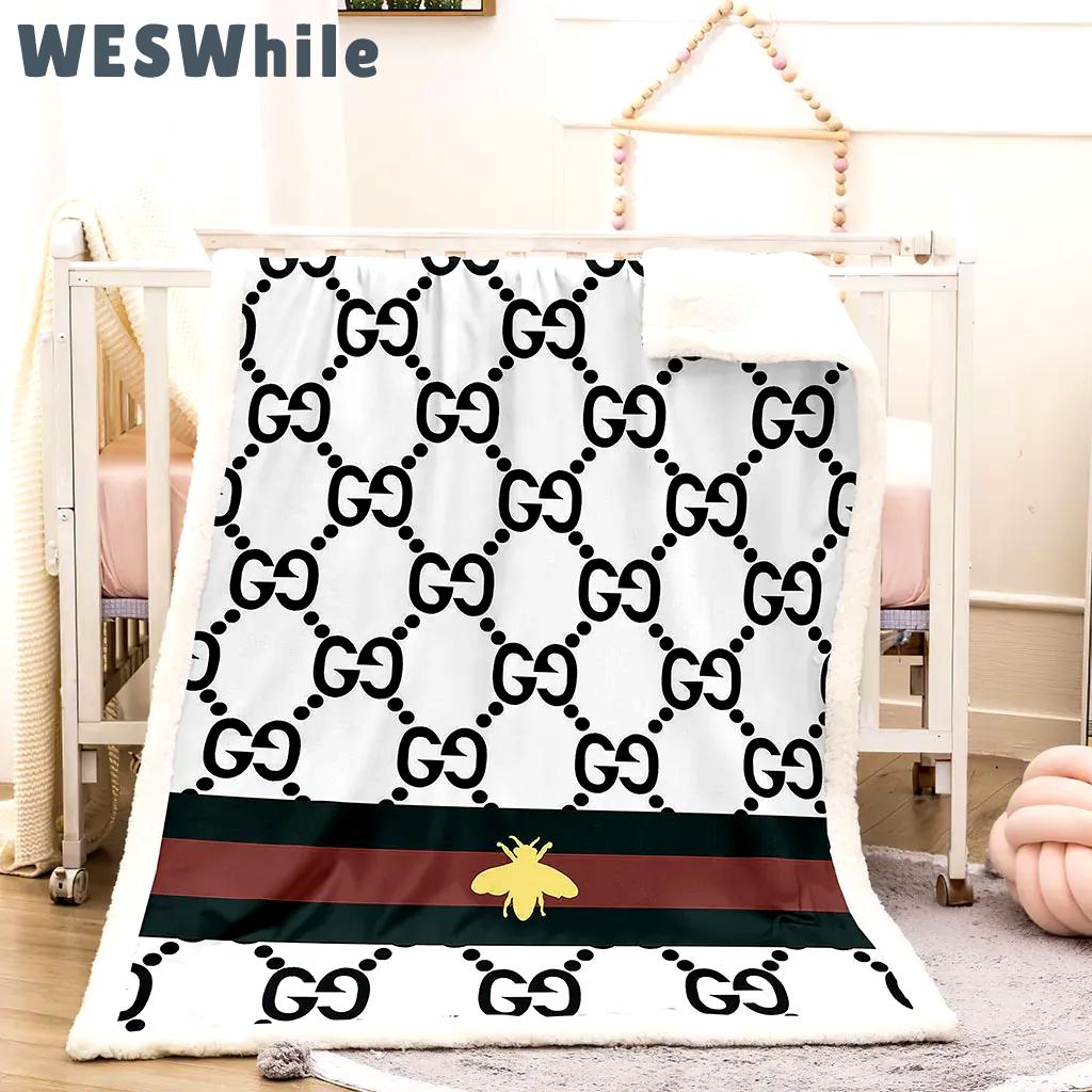 Gucci bee white logo beige luxury brand premium blanket fleece home decor 35 Blanket Fleece