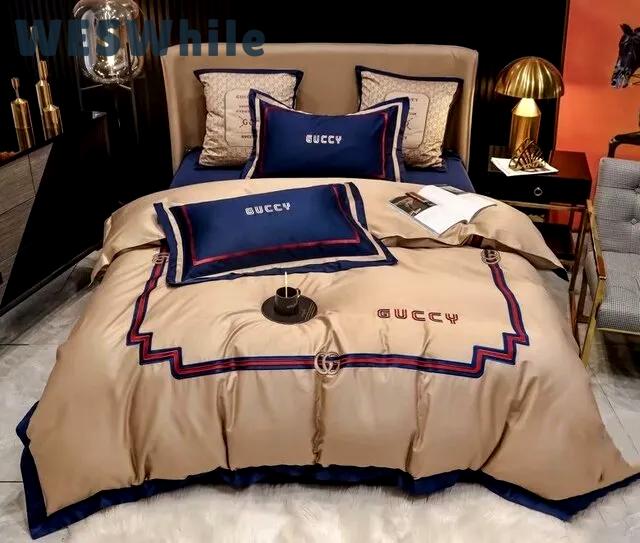 Gucci beige navy luxury brand bedding sets bedspread duvet cover set, bedroom decor , thanksgiving decorations for home best luxury bed sets gift thankgivings and christmas Bedding Sets