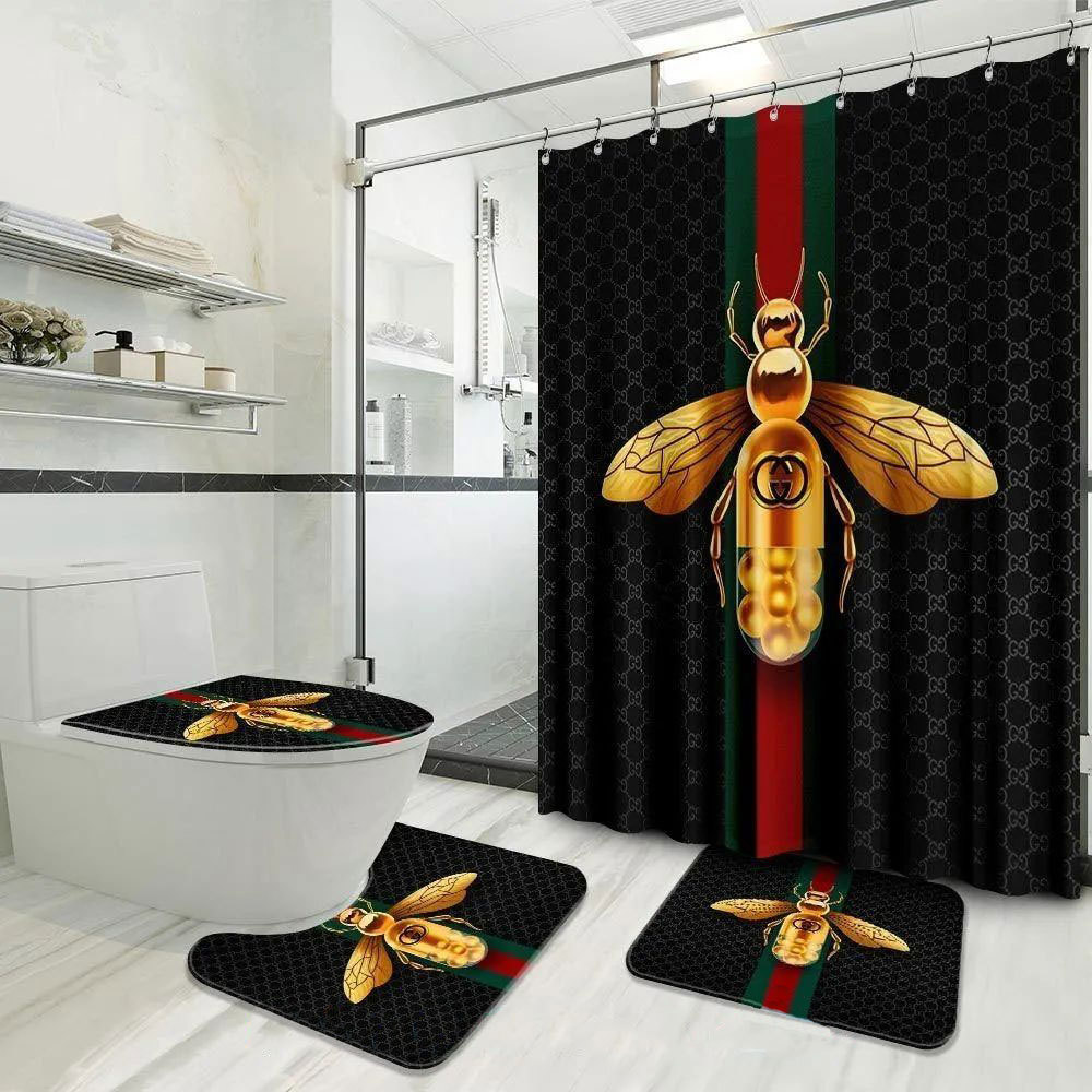 Gucci black bee logo type 1698 Bathroom Accessory Sets Bathroom Sets Home Decor Luxury Fashion Brand Hypebeast Bathroom Bath Mat Set Toilet Cover Pedestal Rug Waterproof Shower Curtain