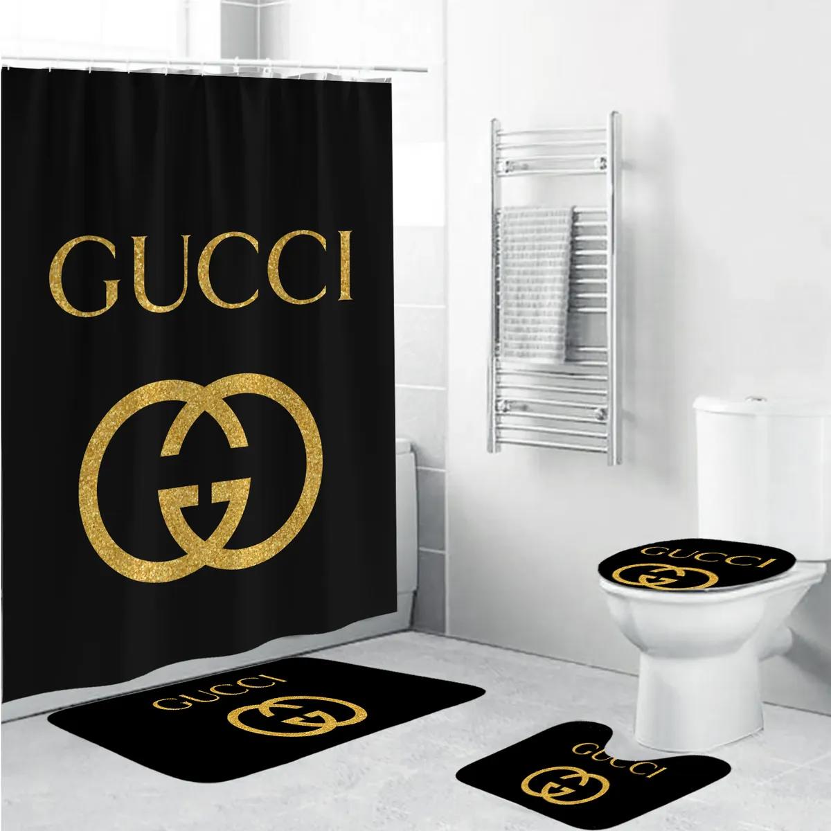 Gucci black golden logo fashion luxury brand premium bathroom set & shower curtain home decor 6 Bathroom Accessory Sets