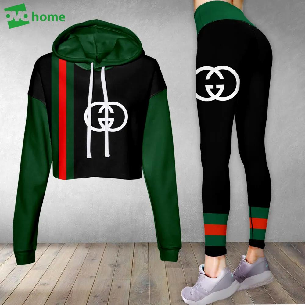 Gucci black green luxury brand clothes leggings and crop top set for women Croptop Hoodie Legging Set