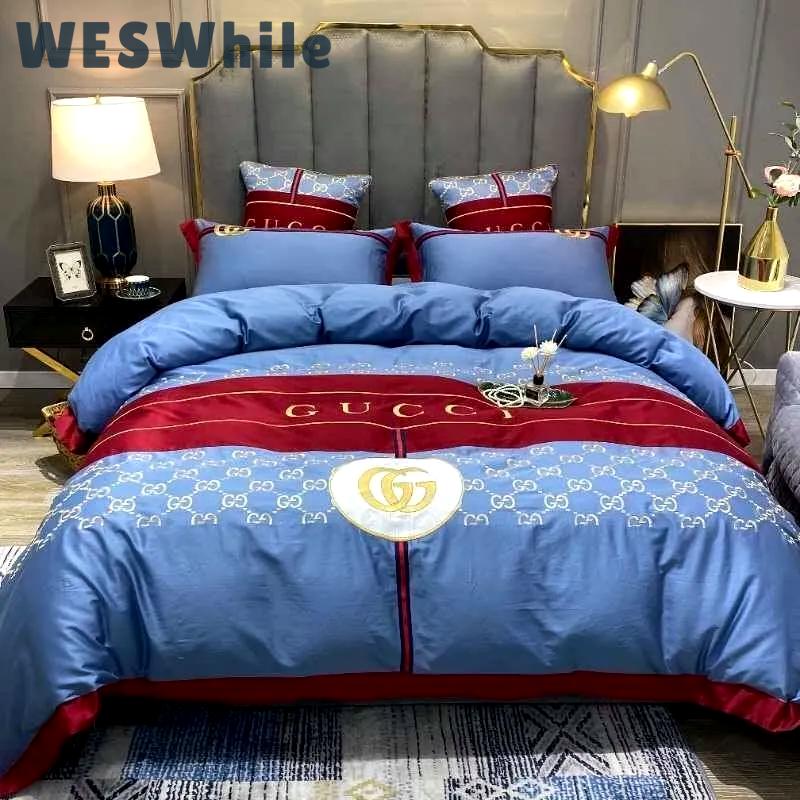 Gucci blue luxury brand high-end bedding sets, bedroom decor , thanksgiving decorations for home best luxury bed sets gift thankgivings and christmas Bedding Sets