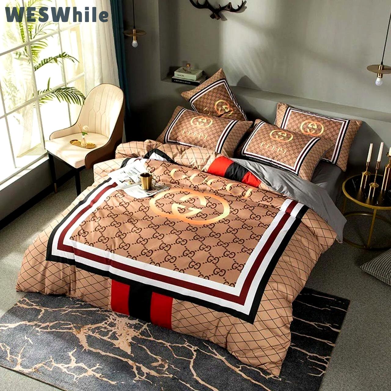 Gucci brown luxury brand high-end bedding sets, bedroom decor , thanksgiving decorations for home best luxury bed sets gift thankgivings and christmas Bedding Sets
