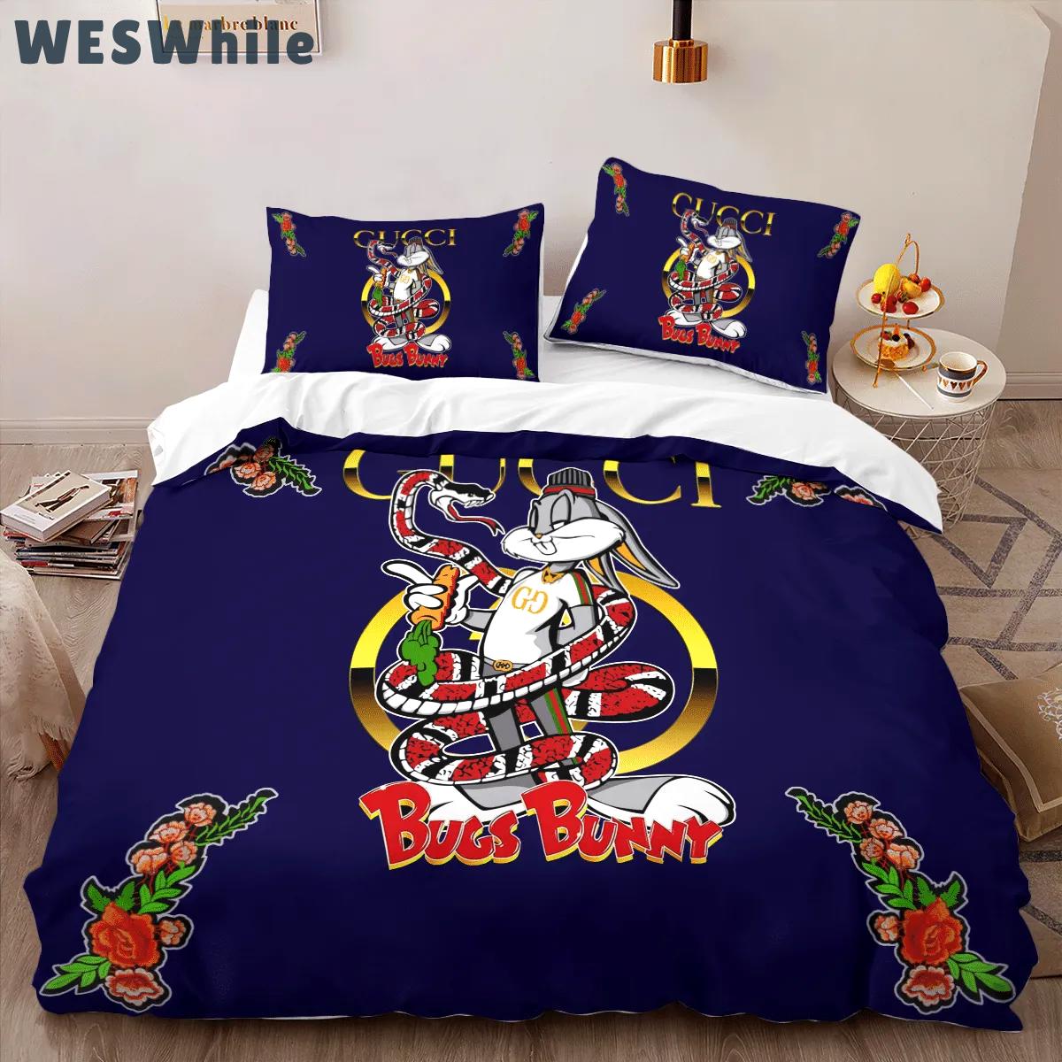Gucci bugs bunny fashion logo premium luxury brand high-end bedding sets lv, bedroom decor , thanksgiving decorations for home best luxury bed sets gift thankgivings and christmas Bedding Sets