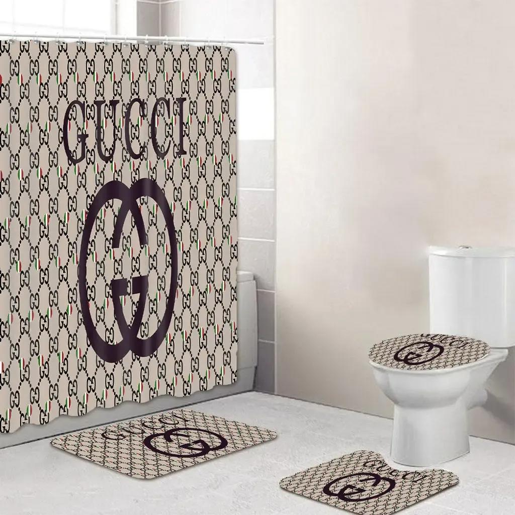 Gucci gc luxury bathroom set beige and black logo shower curtain 202 Bathroom Set