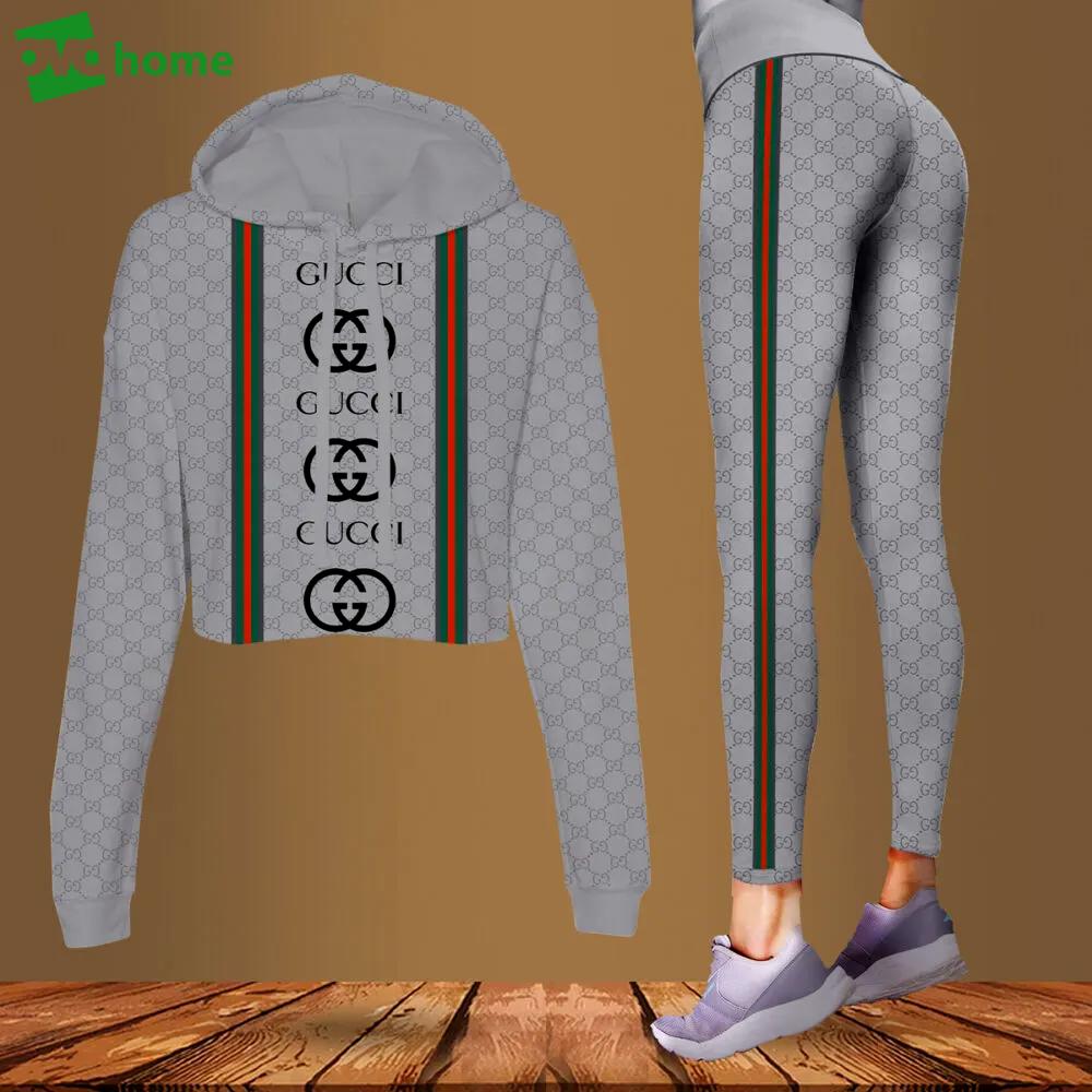 Gucci grey luxury brand clothes leggings and crop top set for women Croptop Hoodie Legging Set