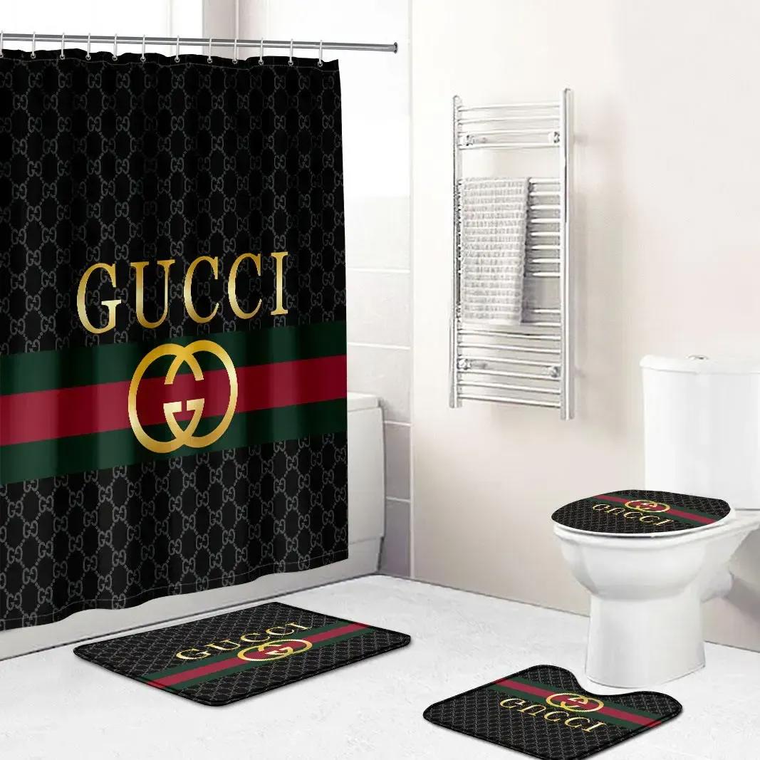 Gucci logo type 1388 Bathroom Accessory Sets Bathroom Sets Toilet Cover Bath Mat Set Pedestal Rug Home Decor Luxury Fashion Brand Hypebeast Bathroom Waterproof Shower Curtain