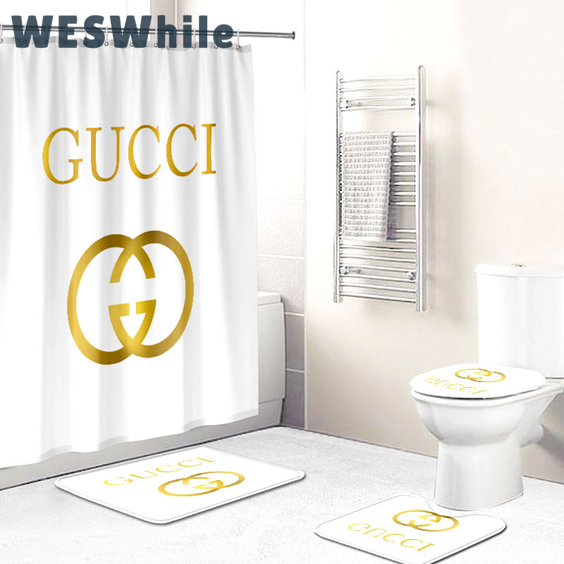 Gucci luxury bath mat sets white and gold logo bath mat sets shower curtain 262 Bathroom Set