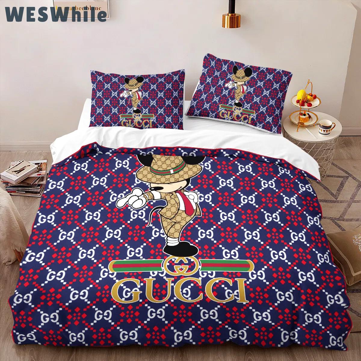 Gucci mickey hot fashion logo premium luxury brand high-end bedding sets lv, bedroom decor , thanksgiving decorations for home best luxury bed sets gift thankgivings and christmas Bedding Sets