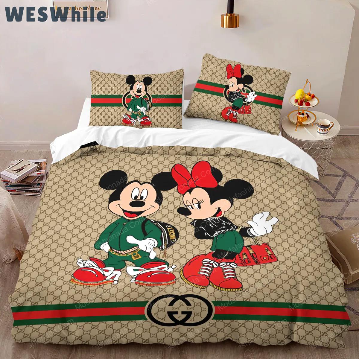Gucci mickey mouse luxury fashion brand bedding sets bedspread duvet cover set best luxury bed sets gift thankgivings and christmas Bedding Sets