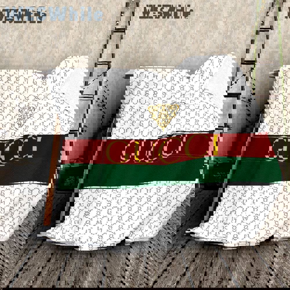 Gucci white fashion logo luxury brand premium blanket fleece home decor 89 Blanket Fleece