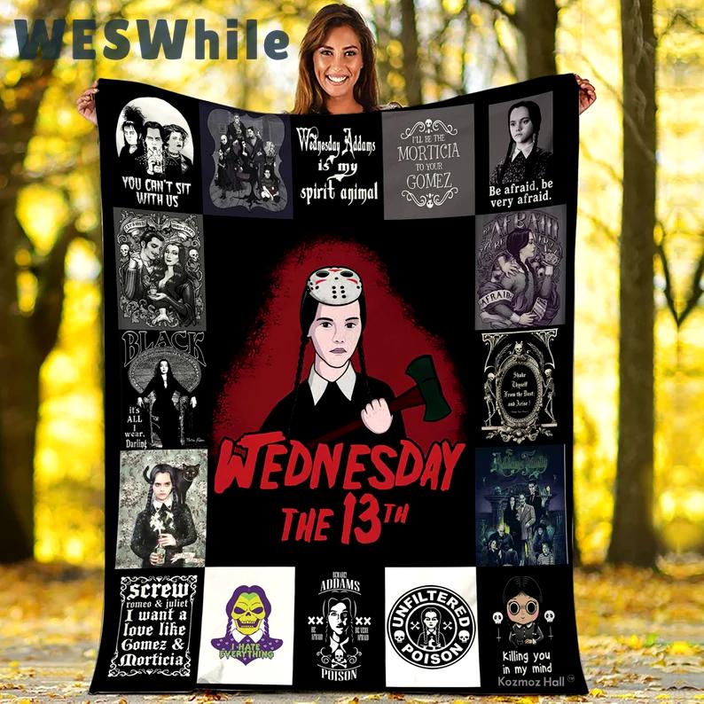 Halloween decorations addams family fleece blanket, wednesday addams blanket, wednesday the 13th blanket, horror movie blanket, halloween gifts, christmas gifts Quilt Blanket