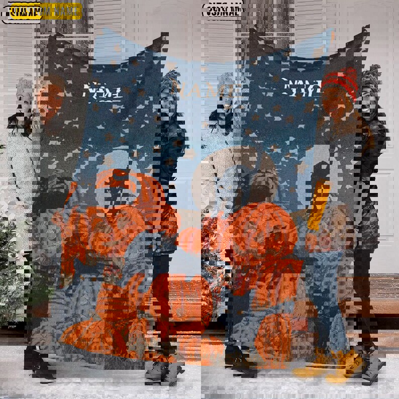 Halloween decorations black cat halloween fleece blanket, personalized name halloween blanket, cat black pumpkin halloween blanket, thanksgiving fall autumn gift Quilt Blanket