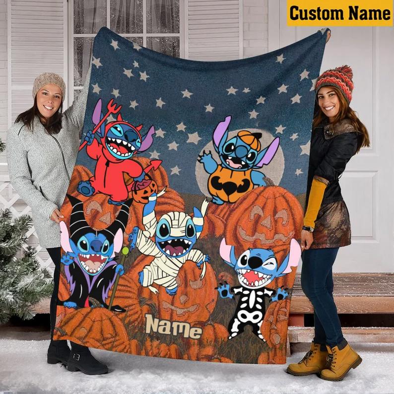 Halloween decorations custom name halloween stitch blanket, stitch mummy blanket, pumpkin halloween blanket, malecifent stitch blanket, autumn halloween blanket Quilt Blanket