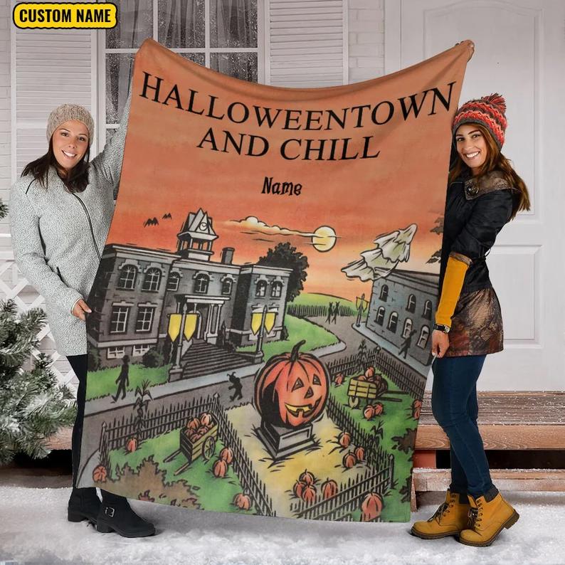 Halloween decorations personalized name blanket, halloween town and chill blanket, halloween movie fleece mink sherpa blanket, horror halloween blanket Quilt Blanket