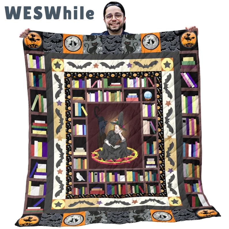 Halloween decorations witch blanket - witch and cat in library pattern quilt blanket - gift for halloween day Quilt Blanket