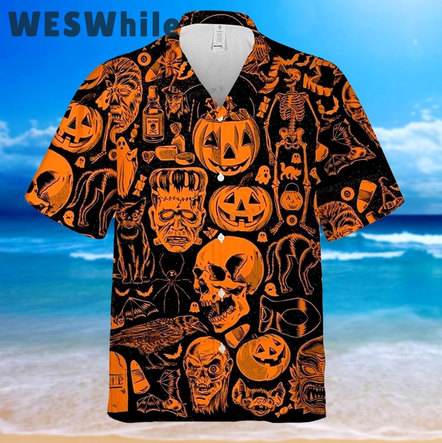 Halloween skull pumpkin lantern black cat skeleton hawaiian shirt Hawaii Shirt Shorts & Flip Flops