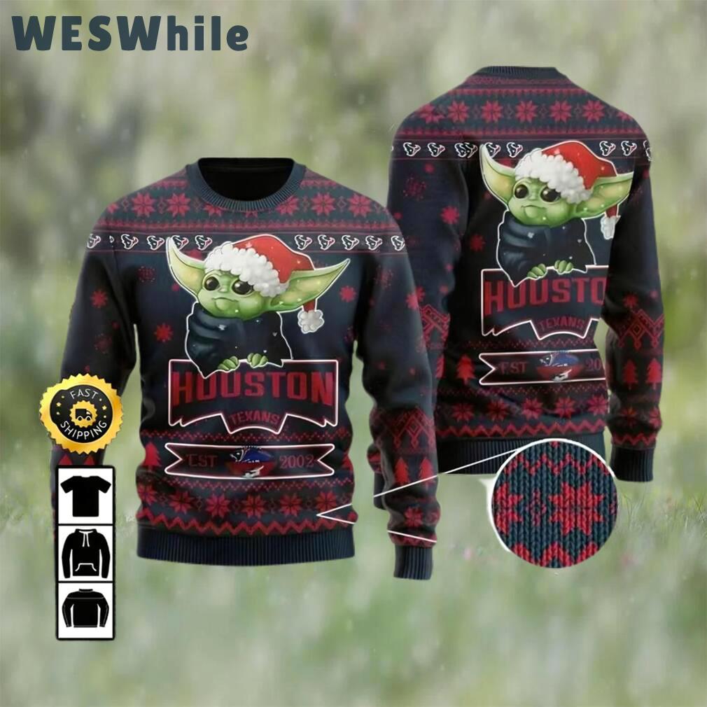 Houston texans est 2002 baby yoda ugly christmas sweater, faux wool sweater, national football league, gifts for fans football nfl, football 3d ugly sweater ? prinvity Christmas Ugly Sweater